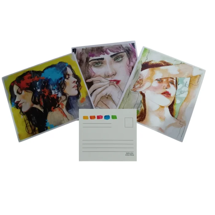 Set de 3 postales de cuadros mujer 2 trasera